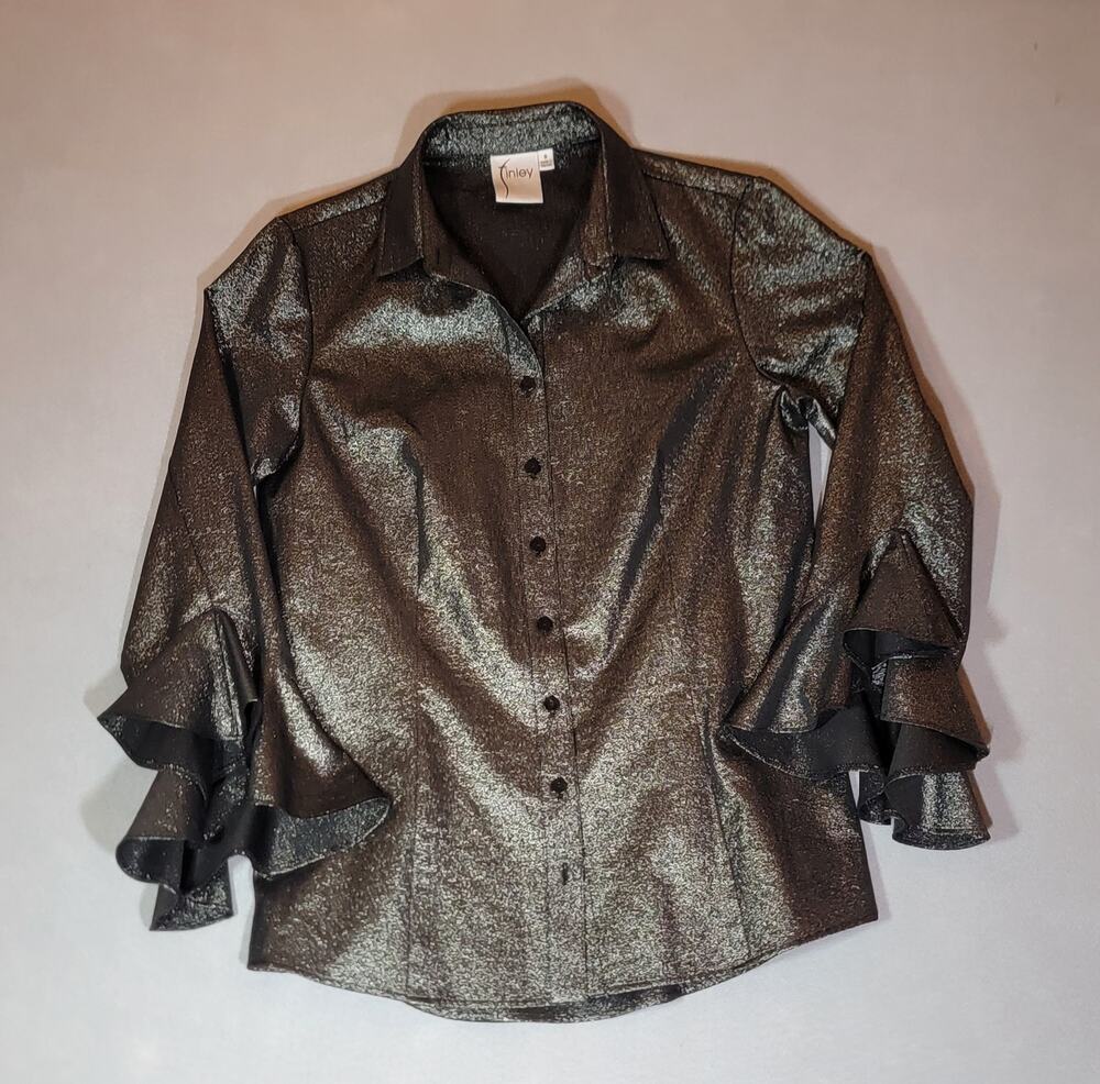 Finley Black Glitter Button Down Blouse Bell/Flare Sleeve Small S